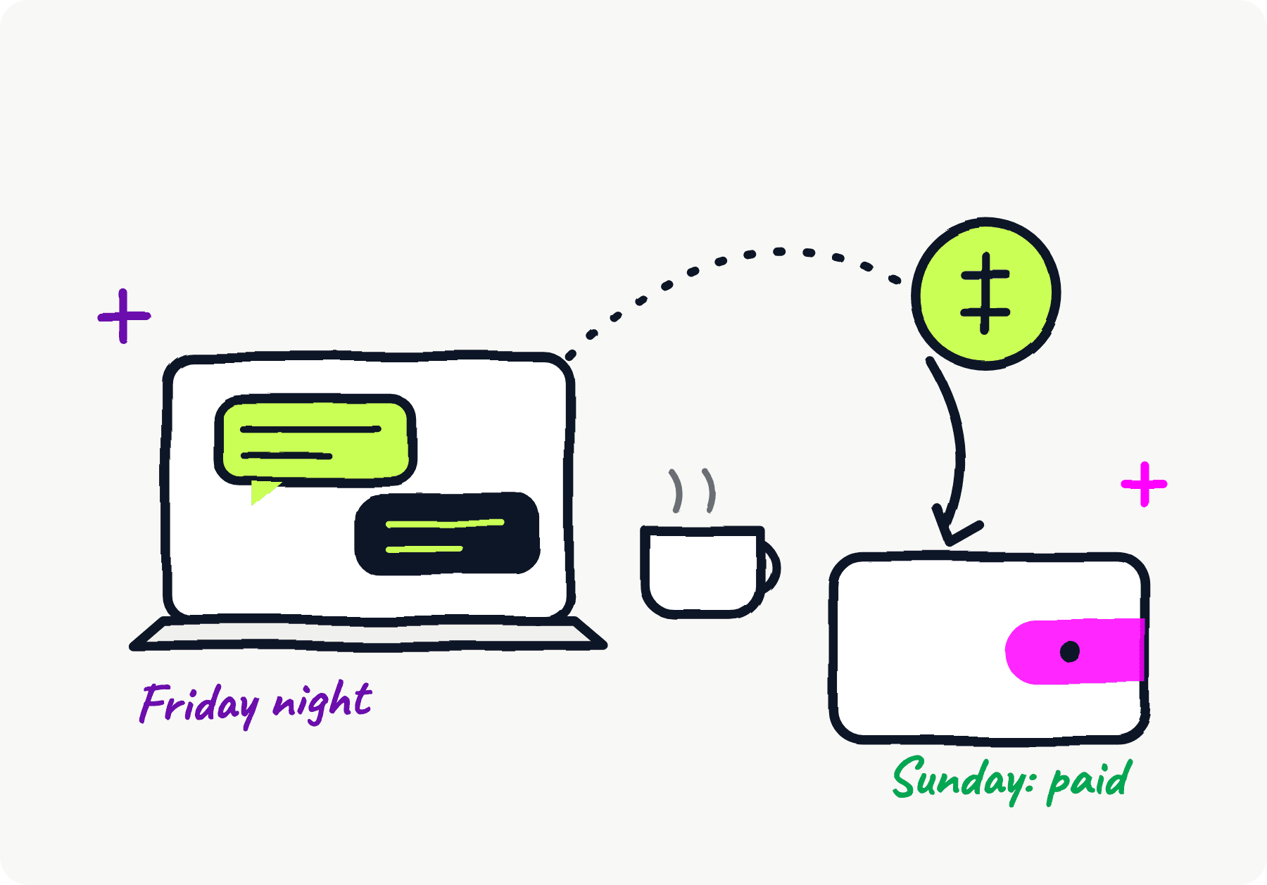 A weekend build: a laptop chatting with an agent on Friday night, a coin landing in your wallet by Sunday