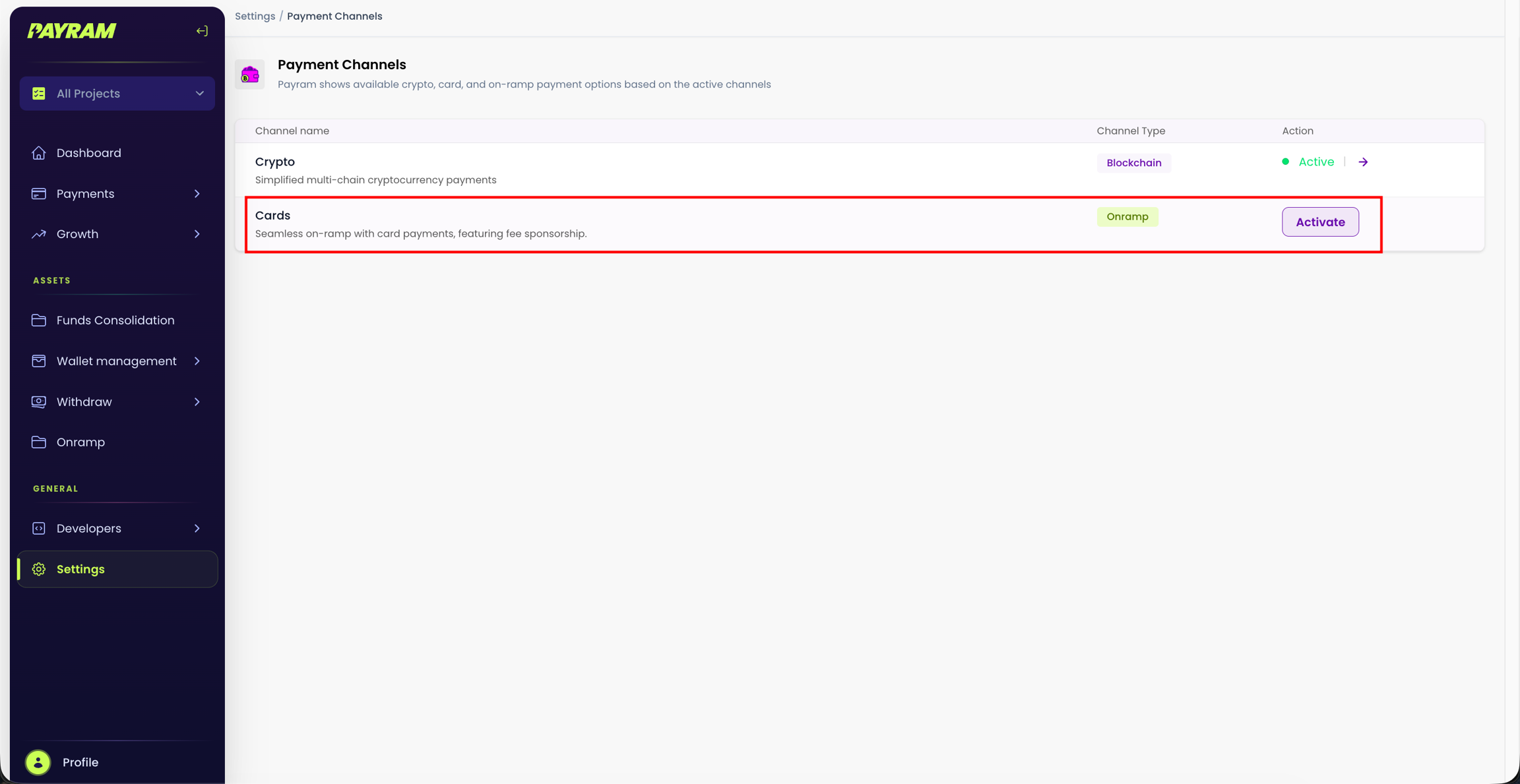 Activate Cards Button
